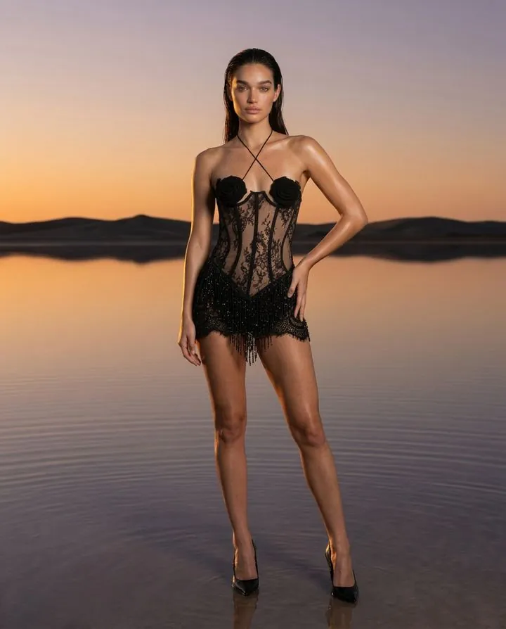 Black lace halter mini dress on a reflective salt flat at sunset